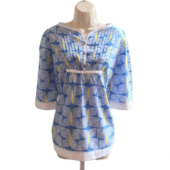 Lilly Pulitzer Blue Yellow Butterfly Print Egan Pintuck Tunic Blouse Top Small - Picture 10 of 10